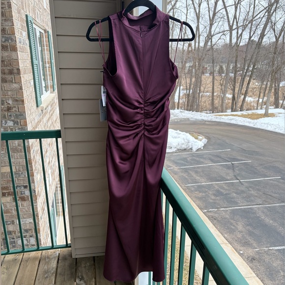 🆕 ✨CeCe Rich Cabernet Satin Ruched Midi Dress Size 6 Mock Elegant Cocktail Party - Picture 6 of 15